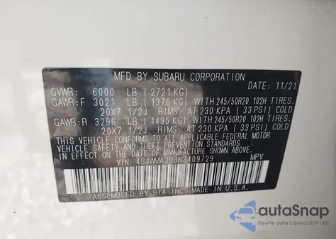 2022 Subaru Ascent Onyx Edition from USA, damaged, VIN 4S4WMAJD3N3409729